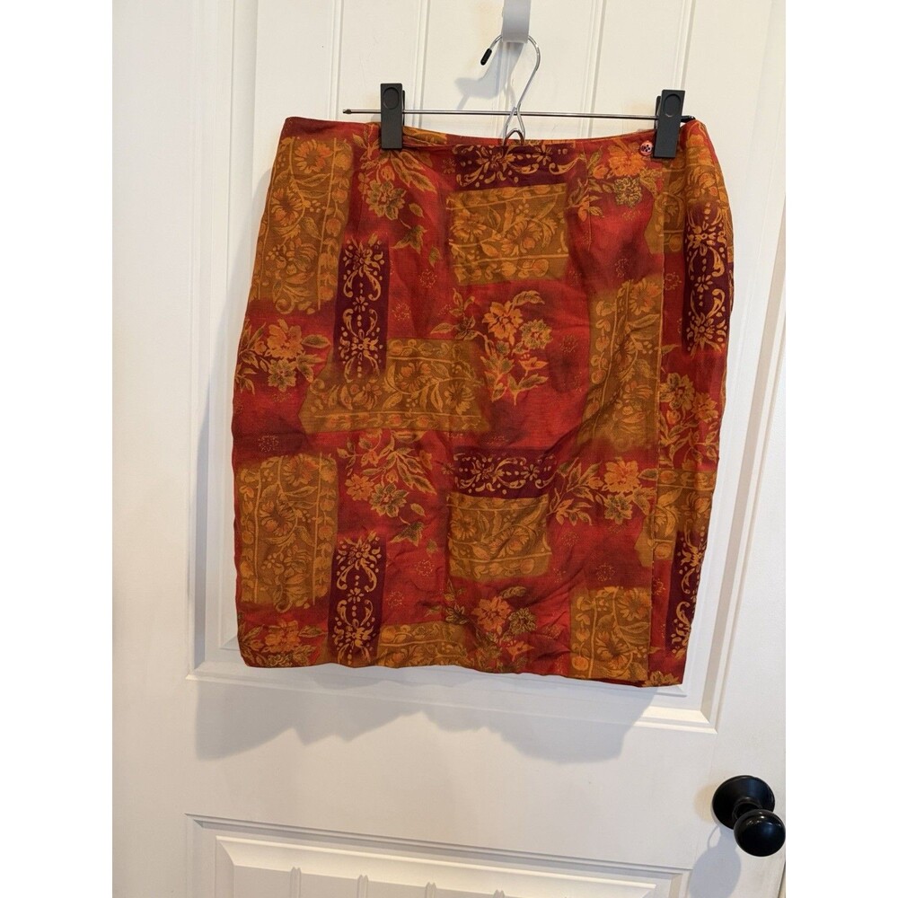 Talbots Women’s Skirt 14 Silk Linen Floral Patchwork Rust Orange Red Midi Boho